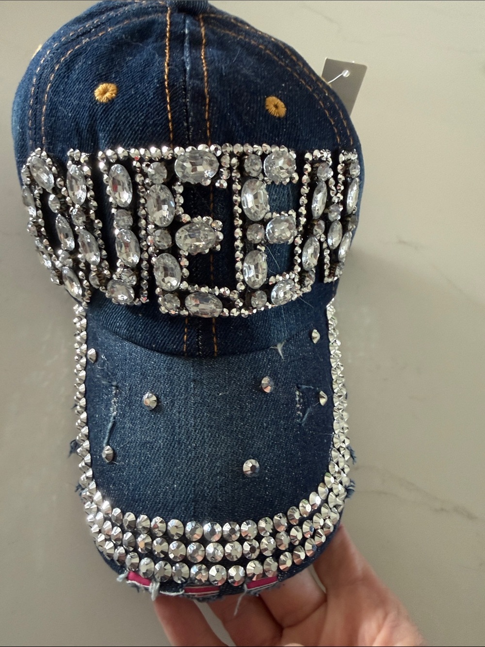 Denim Crystal-Embellished Women's Cap - Blue